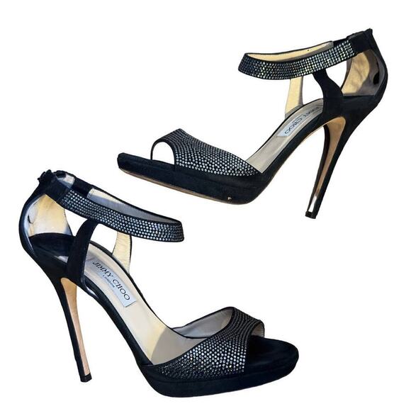 Authentic Jimmy Choo (11/41) Lancer Smokey Crystal-Embellished Black Suede Heels - Picture 2 of 9